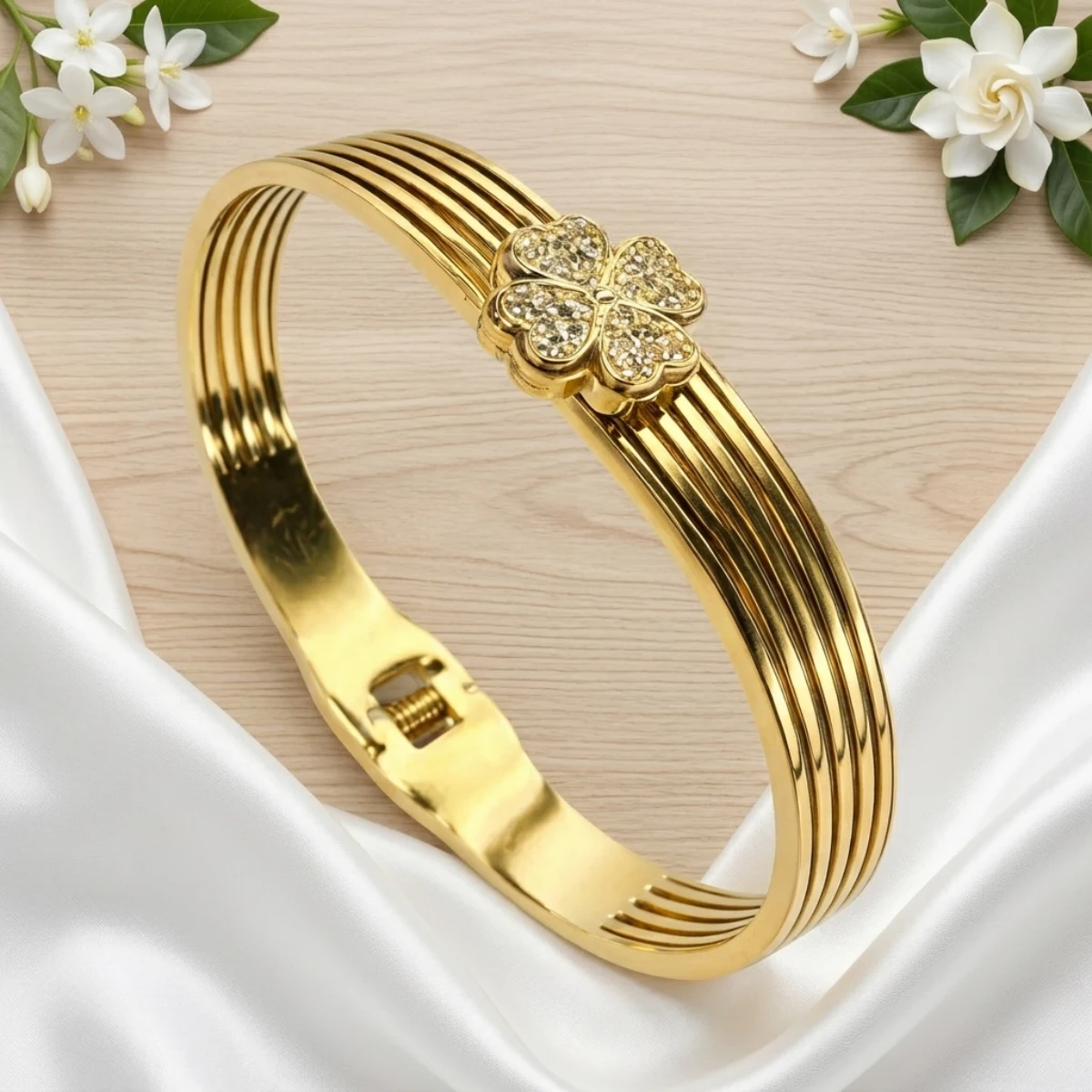 Gold Multi-Track Ribbed Bangle with Crystal Clover Charm | Zeray - Image 6