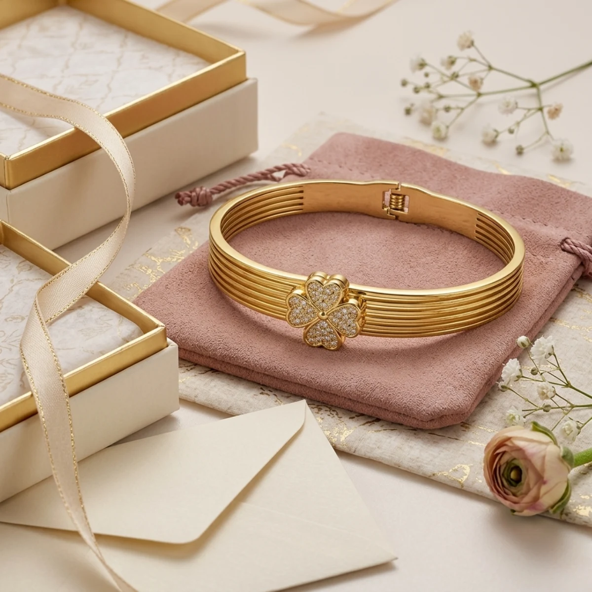 Gold Multi-Track Ribbed Bangle with Crystal Clover Charm | Zeray - Image 9