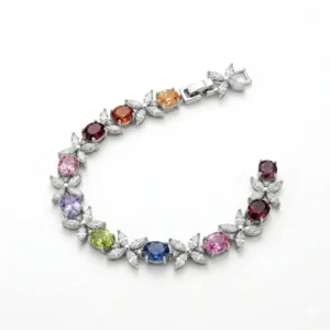 Silver Luxury Floral Leaf Multicolour Bracelet | Rainbow Crystal | Zeray