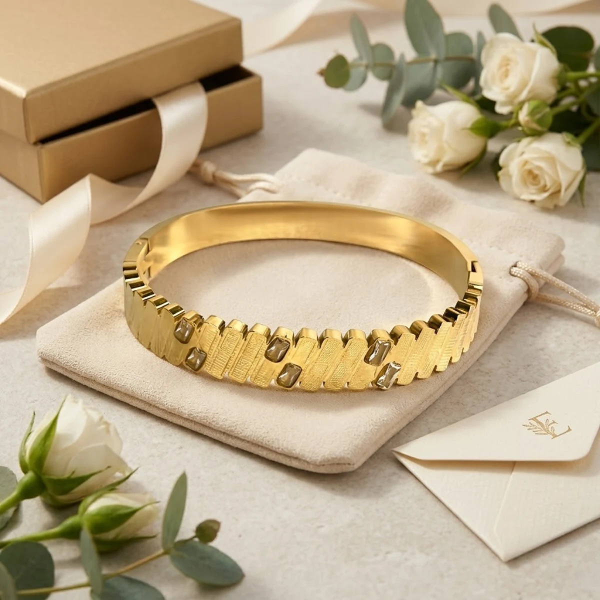 Gold Ribbed Link Crystal Bracelet | Watch-Style Band | Zeray - Image 4