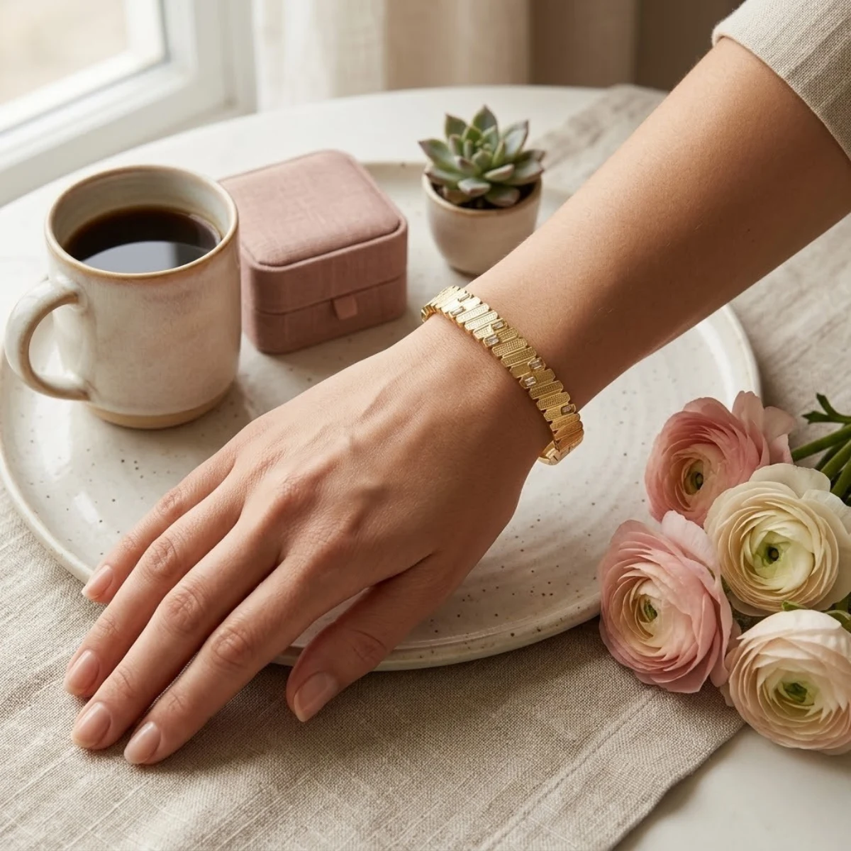 Gold Ribbed Link Crystal Bracelet | Watch-Style Band | Zeray - Image 5