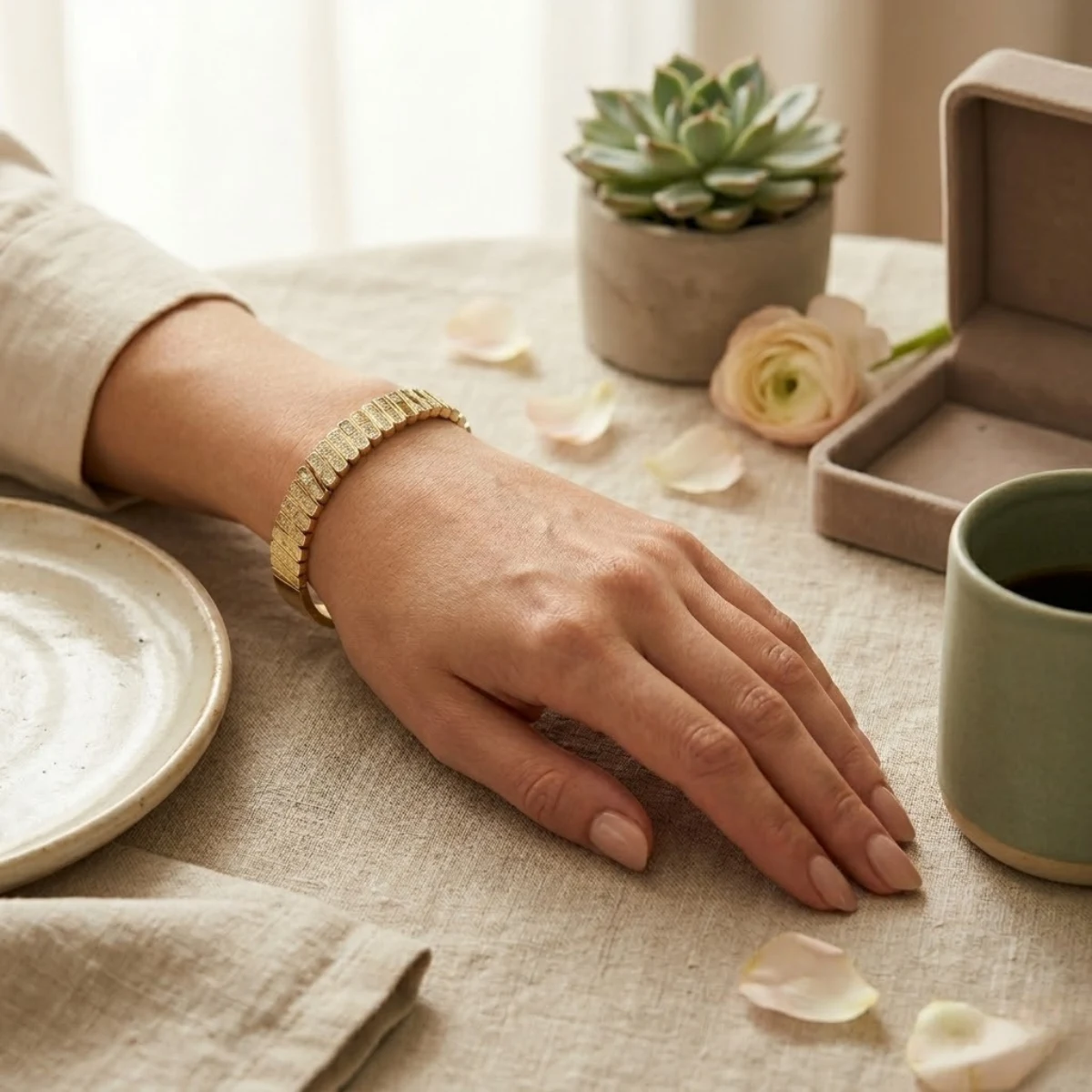 Gold Ribbed Link Crystal Bracelet | Watch-Style Band | Zeray - Image 6