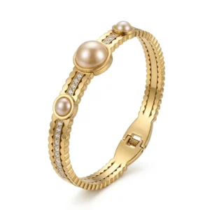 Gold Double Pearl & Crystal Ornate Bangle | Pearl Collection | Zeray