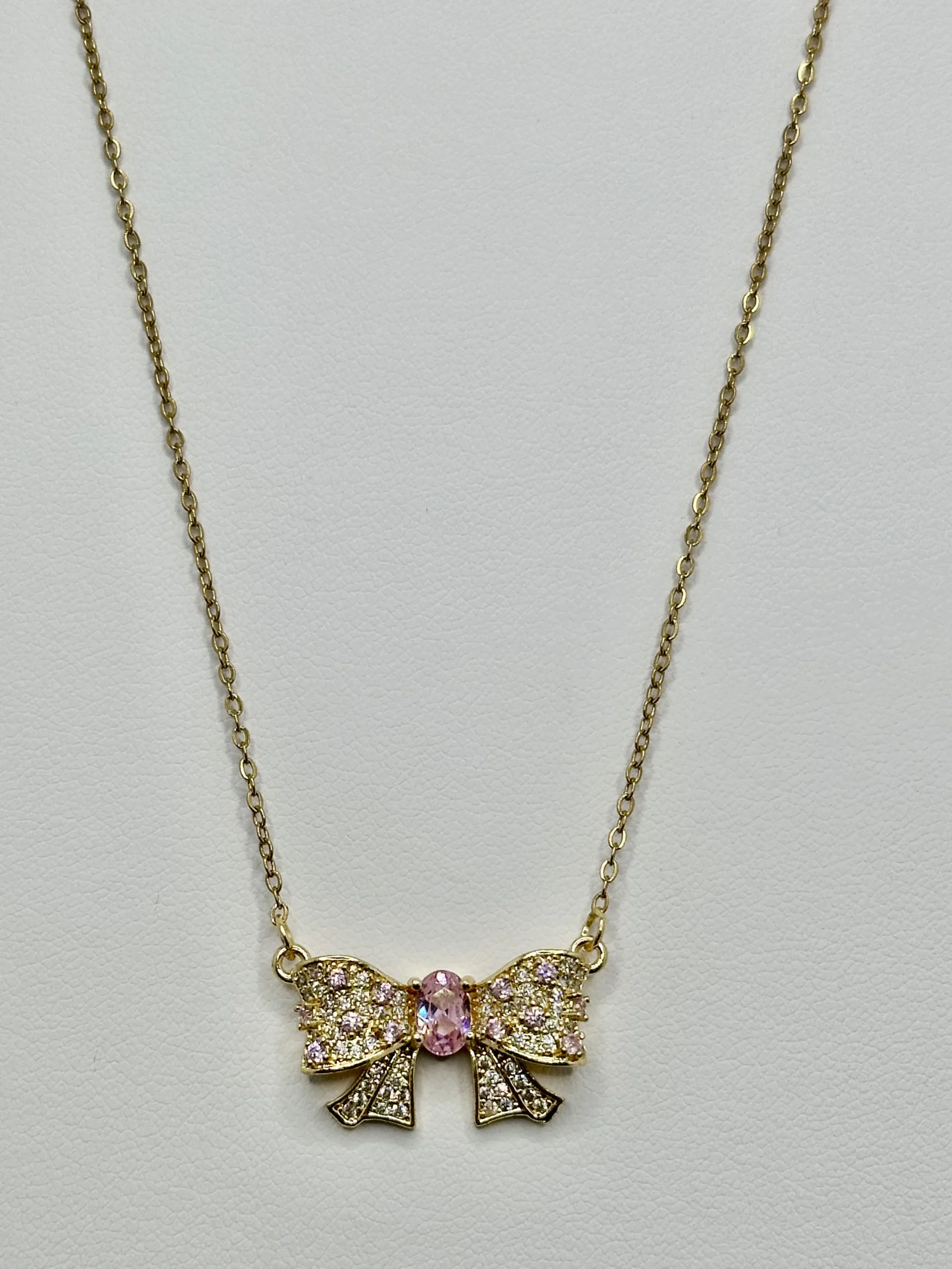 18K Gold Plated Bow Pendant Necklace | Pink Crystal | Zeray