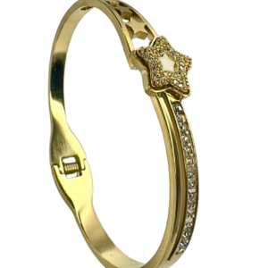 Gold Star Cutout Bangle with Crystal Star Charm | Celestial Cuff | Zeray